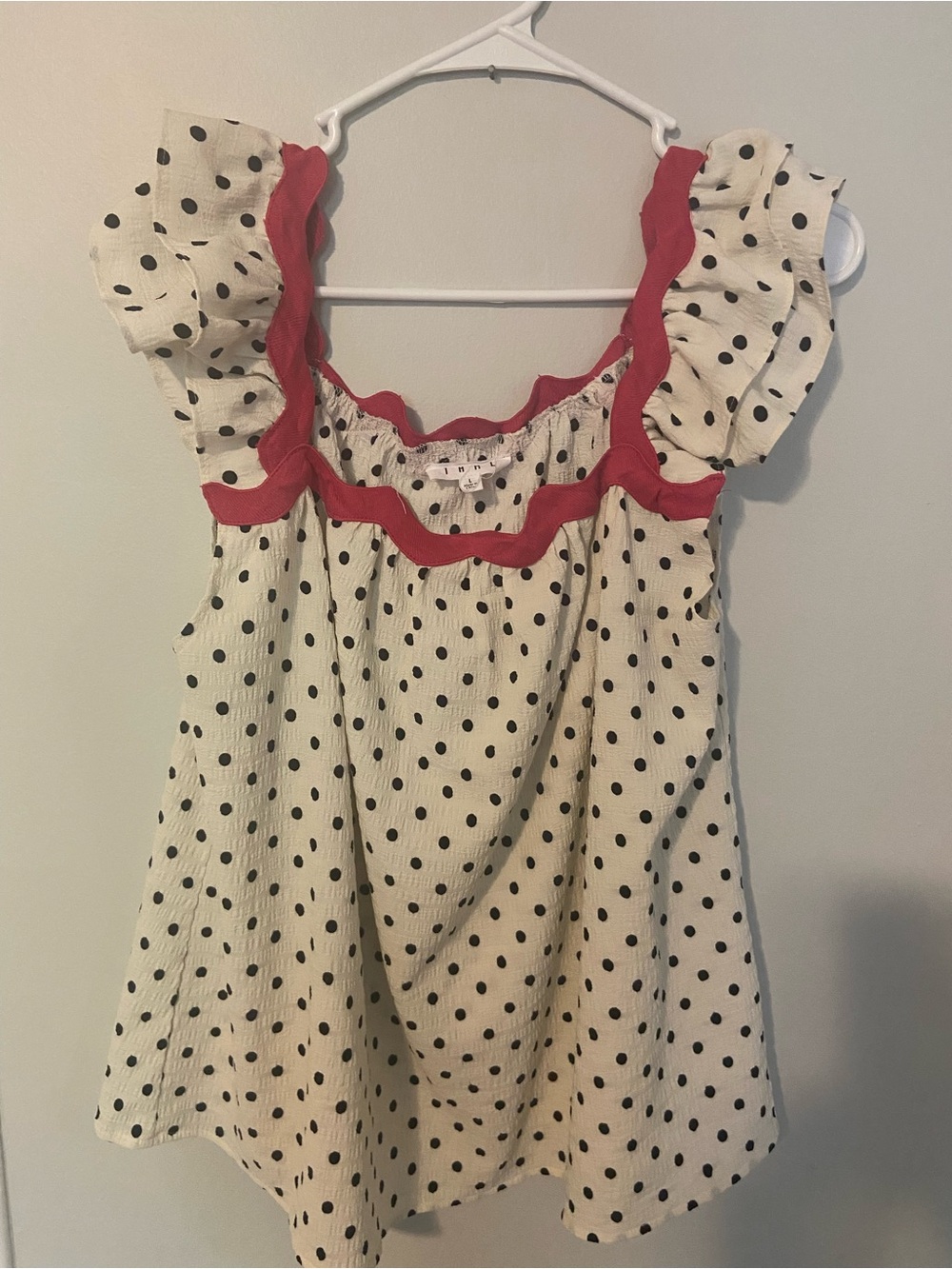 Polka Dot Ruffle Tank with Pink Trim